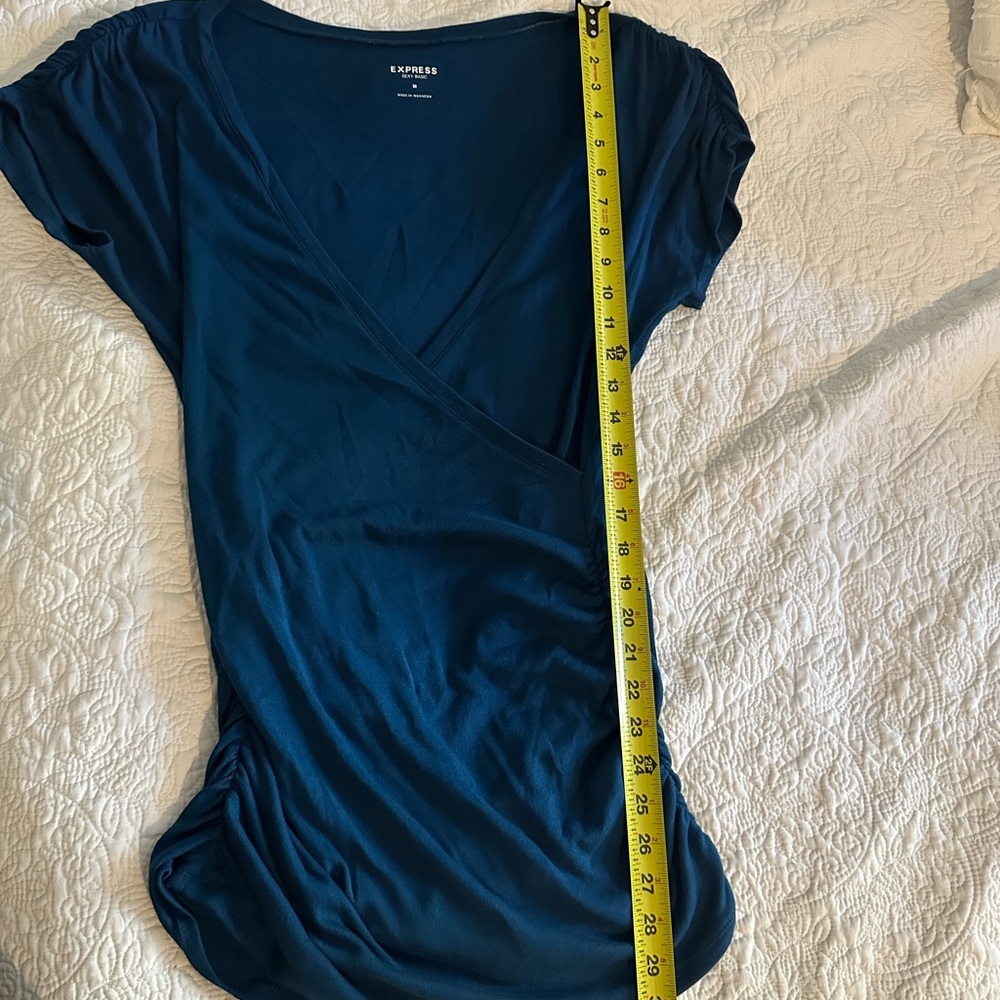 Express Blue Wrap Ruched Blouse - Picture 12 of 12